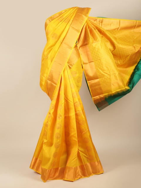 

Pothys Yellow & Gold-Toned Ethnic Motifs Zari Pure Silk Kanjeevaram Saree