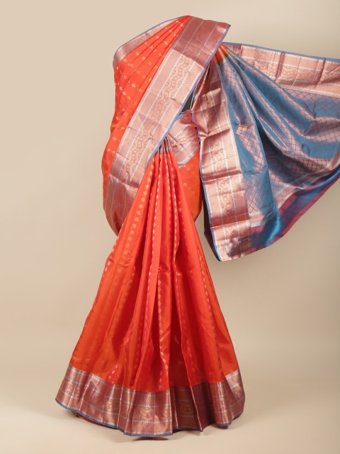 

Pothys Orange & Blue Ethnic Motifs Zari Pure Silk Kanjeevaram Saree