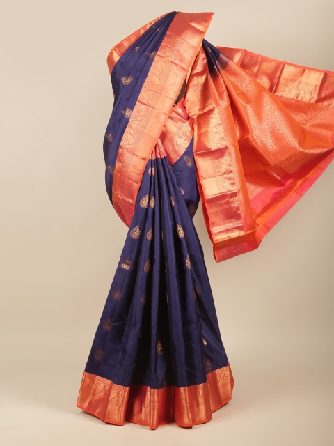 

Pothys Blue & Orange Ethnic Motifs Pure Silk Kanjeevaram Saree