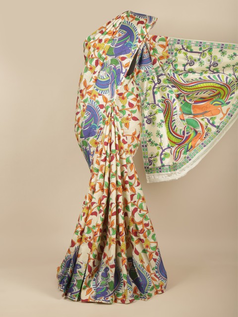 

Pothys Cream-Coloured & Red Kalamkari Pure Silk Kanjeevaram Saree