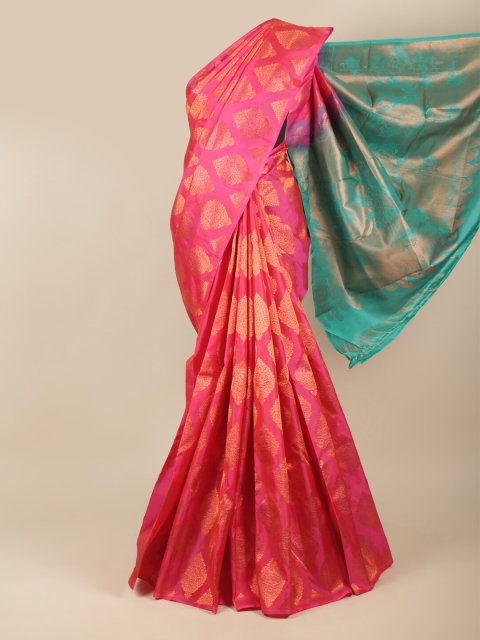 

Pothys Pink & Green Woven Design Schiffli Pure Silk Kanjeevaram Saree