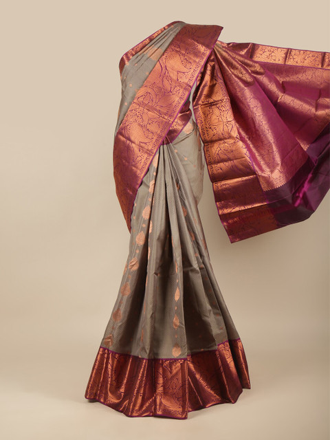 

Pothys Grey & Purple Ethnic Motifs Zari Pure Silk Kanjeevaram Saree