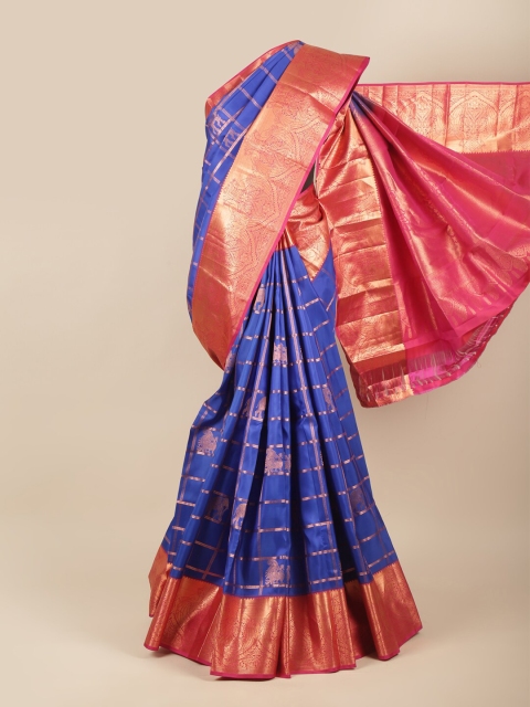 

Pothys Blue & Pink Ethnic Motifs Zari Pure Silk Kanjeevaram Saree
