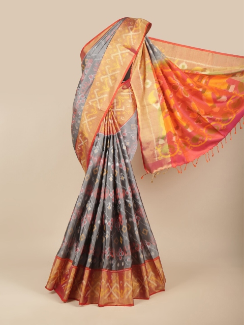 

Pothys Grey & Gold-Toned Woven Design Pure Silk Kanjeevaram Saree