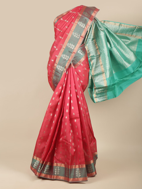 

Pothys Pink & Green Woven Design Kanchipuram Pure Silk Saree