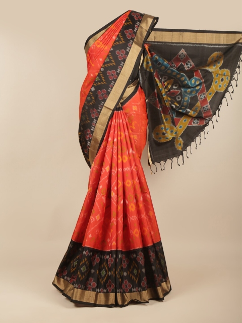 

Pothys Orange & Black Ethnic Motifs Zari Pure Silk Kanjeevaram Saree
