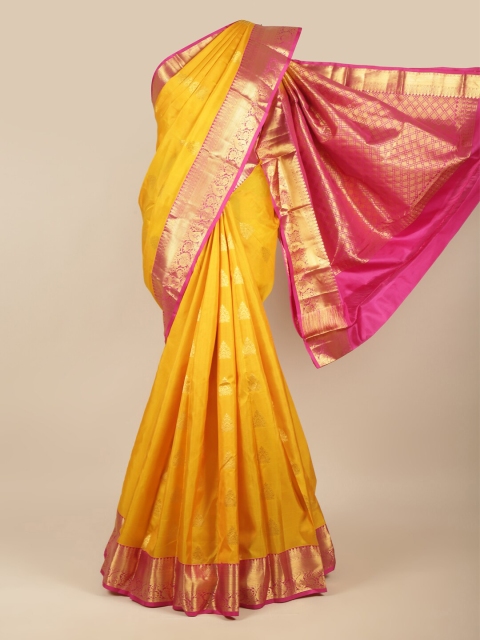 

Pothys Yellow & Fuchsia Ethnic Motifs Zari Pure Silk Kanjeevaram Saree