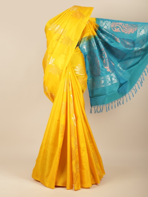 

Pothys Yellow & Gold-Toned Floral Zari Pure Silk Kanjeevaram Saree