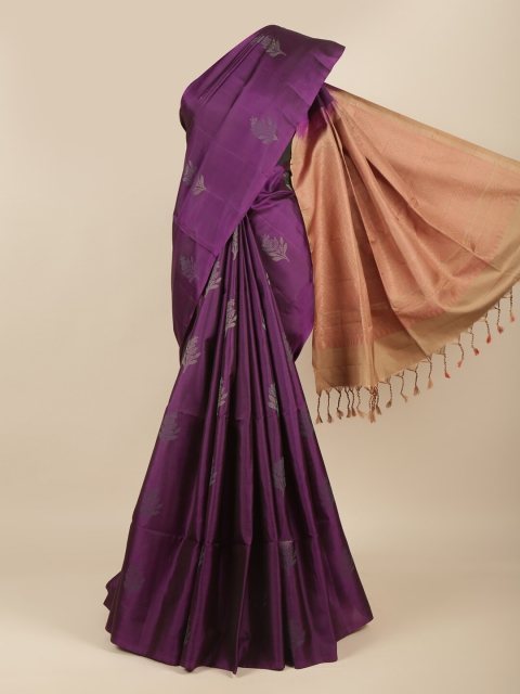 

Pothys Violet & Tan Floral Zari Pure Silk Kanjeevaram Saree