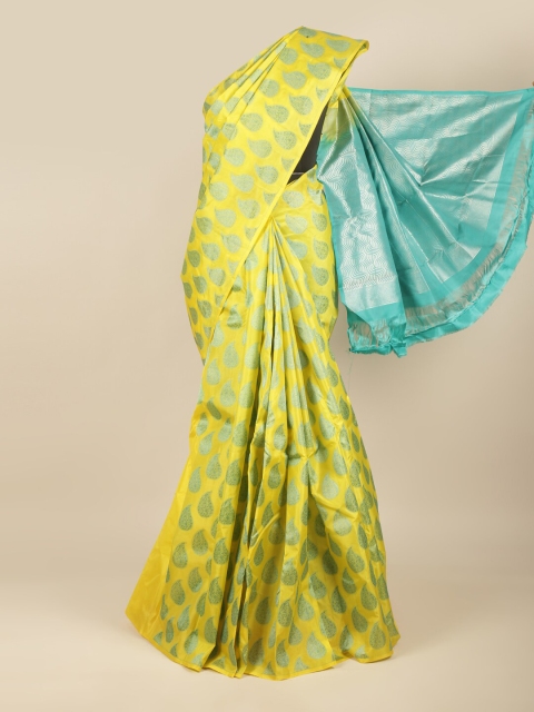 

Pothys Yellow & Turquoise Blue Paisley Zari Pure Silk Kanjeevaram Saree