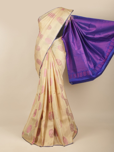 

Pothys Cream-Coloured & Purple Floral Zari Pure Silk Kanjeevaram Saree