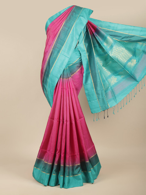 

Pothys Pink & Blue Woven Design Kanchipuram Pure Silk Saree