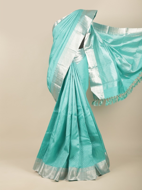 

Pothys Turquoise Blue & Silver-Toned Zari Pure Silk Kanjeevaram Saree