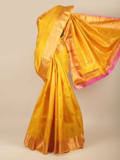 

Pothys Yellow & Gold-Toned Floral Zari Pure Silk Kanjeevaram Saree