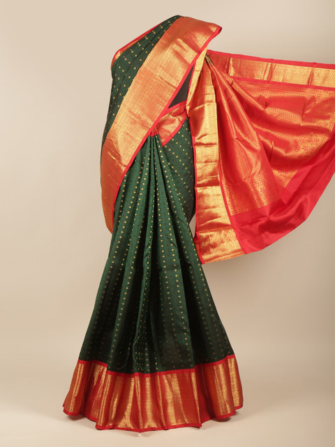 

Pothys Green & Red Ethnic Motifs Zari Pure Silk Kanjeevaram Saree