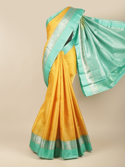 

Pothys Yellow & Blue Ethnic Motifs Zari Pure Silk Kanjeevaram Saree