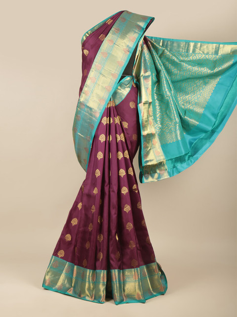 

Pothys Purple & Turquoise Blue Ethnic Motifs Zari Pure Silk Kanjeevaram Saree