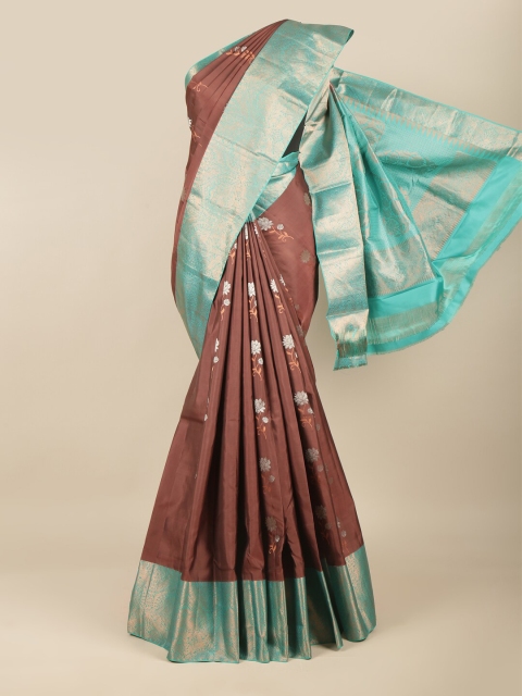 

Pothys Brown & Turquoise Blue Floral Zari Pure Silk Kanjeevaram Saree