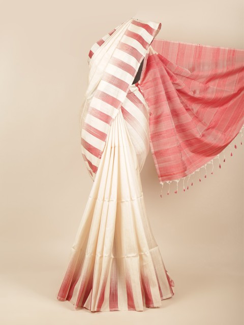 

Pothys Cream-Coloured & Red Pure Silk Kanjeevaram Saree