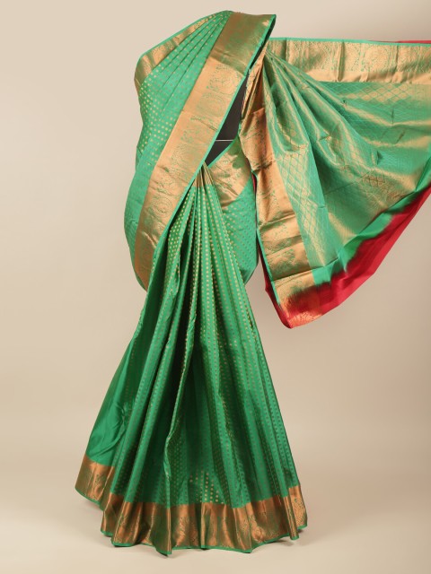 

Pothys Green & Gold-Toned Ethnic Motifs Zari Pure Silk Kanjeevaram Saree