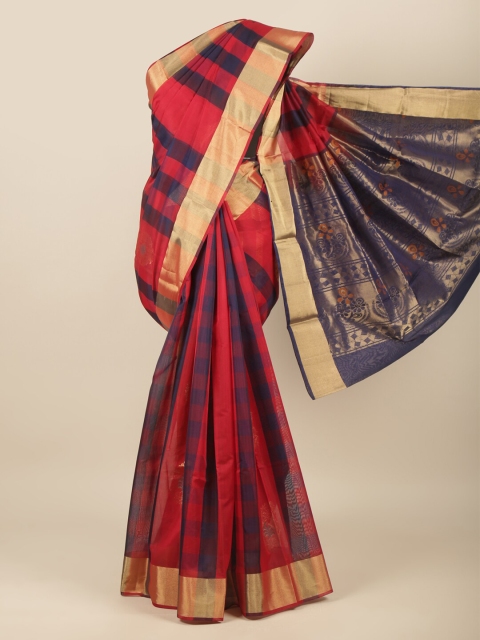 

Pothys Red & Navy Blue Checked Pure Silk Kanjeevaram Saree