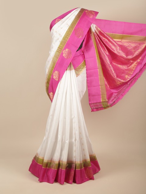 

Pothys White & Pink Ethnic Motifs Zari Pure Silk Kanjeevaram Saree