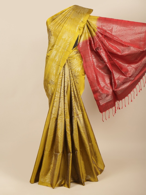 

Pothys Olive Green & Red Floral Schiffli Pure Silk Kanjeevaram Saree