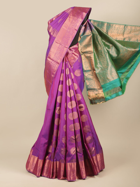 

Pothys Purple & Green Ethnic Motifs Zari Pure Silk Kanjeevaram Saree