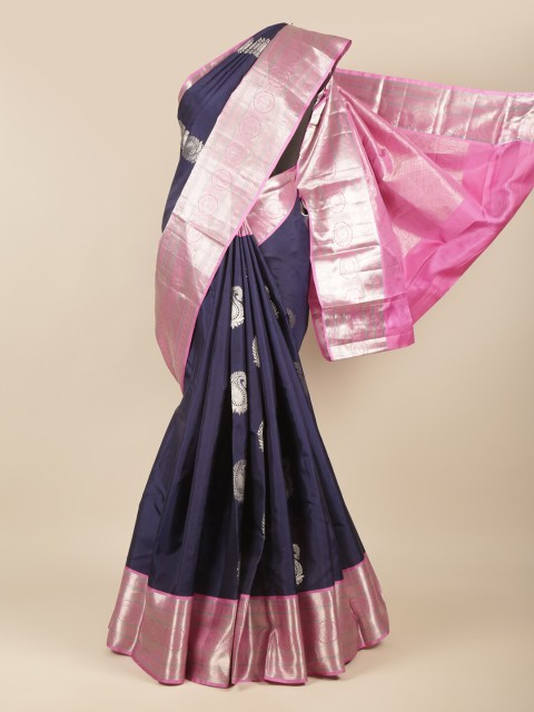 

Pothys Navy Blue & Silver-Toned Woven Design Zari Pure Silk Kanjeevaram Saree