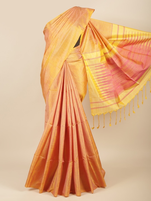 

Pothys Peach-Coloured & Yellow Woven Design Pure Silk Kanjeevaram Saree