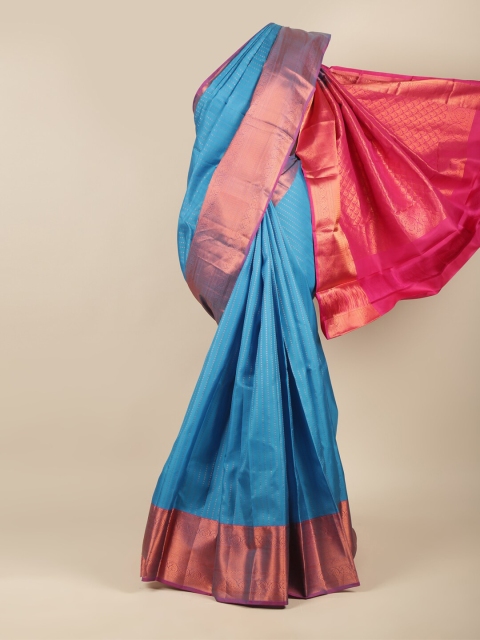 

Pothys Blue & Gold-Toned Woven Design Zari Pure Silk Kanjeevaram Saree