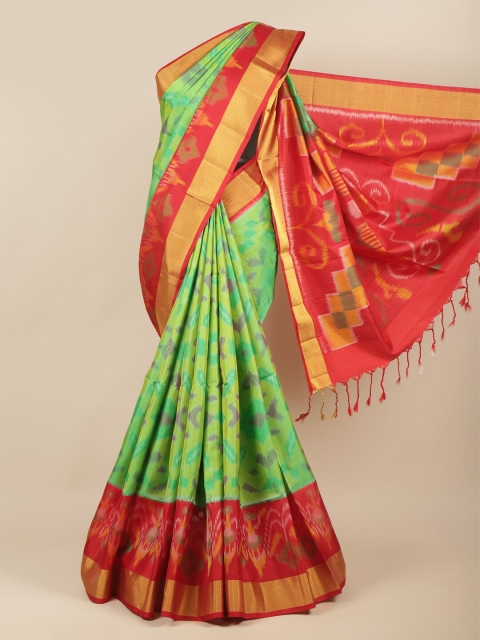 

Pothys Green & Red Floral Zari Pure Silk Kanjeevaram Saree