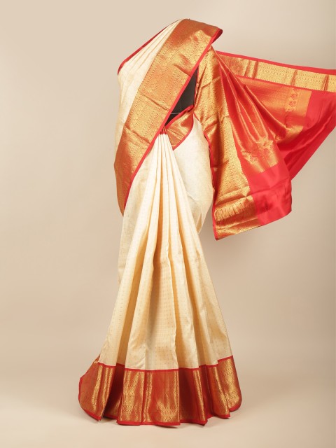

Pothys Cream-Coloured & Red Woven Design Zari Pure Silk Kanjeevaram Saree