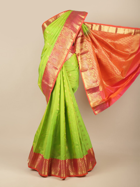 

Pothys Fluorescent Green & Gold-Toned Woven Design Zari Pure Silk Kanjeevaram Saree