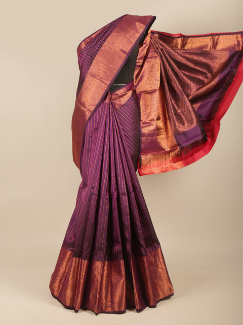 

Pothys Purple & Copper-Toned Striped Zari Pure Silk Kanjeevaram Saree