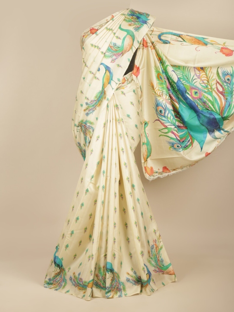 

Pothys Cream-Coloured & Green Ethnic Motifs Pure Silk Kanjeevaram Saree