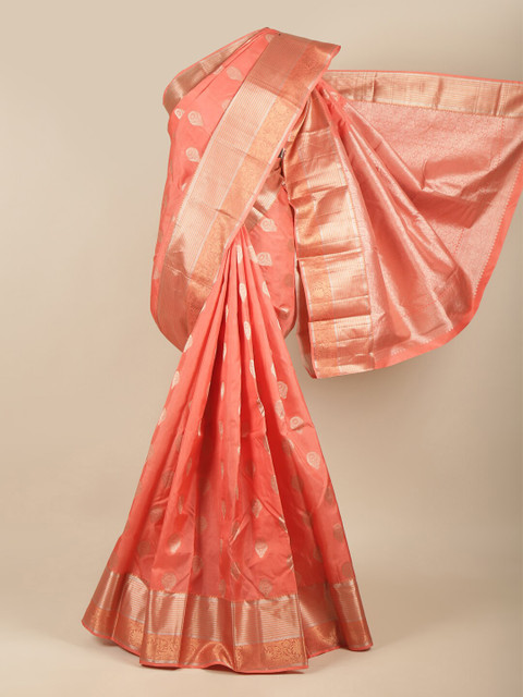 

Pothys Peach-Coloured & Gold-Toned Ethnic Motifs Zari Pure Silk Kanjeevaram Saree