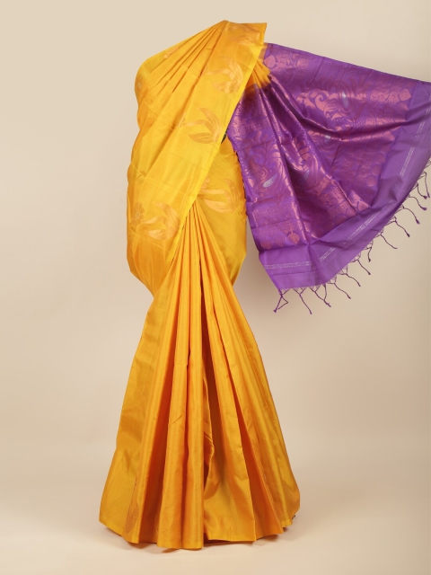 

Pothys Mustard & Gold-Toned Floral Zari Pure Silk Saree