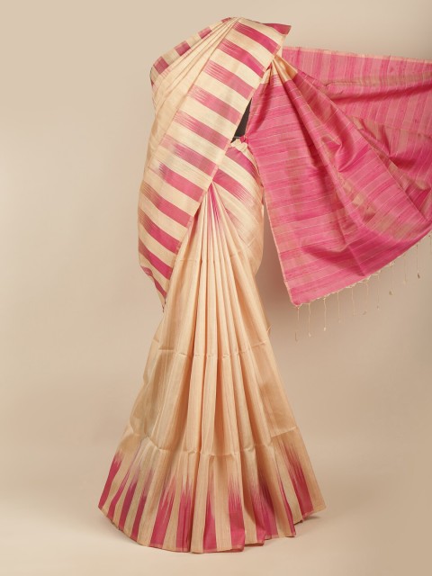 

Pothys Cream-Coloured & Pink Colourblocked Pure Silk Saree