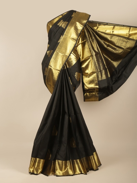 

Pothys Black & Gold-Toned Ethnic Motifs Zari Pure Silk Kanjeevaram Saree