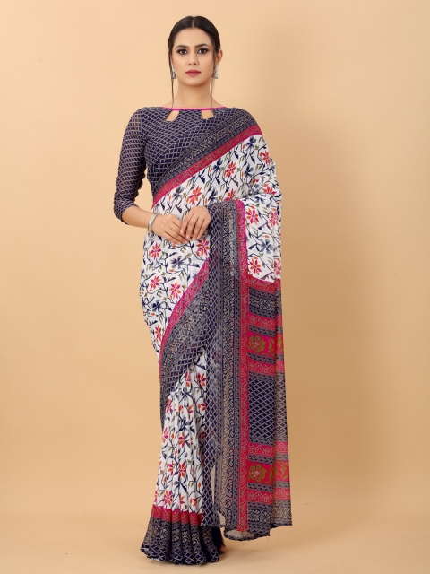 

PERFECTBLUE Blue & White Floral Printed Poly Georgette Saree