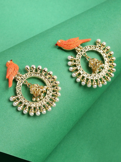 

SOHI Women Gold-Plated Orange & White Pearl Studded Designer Meenakari Drop Earrings