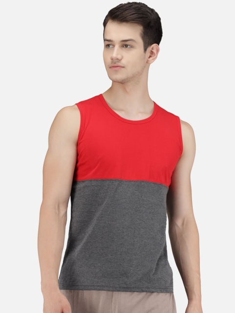 

PockMAN Men Red & Grey Colourblocked Cotton Gym Vest