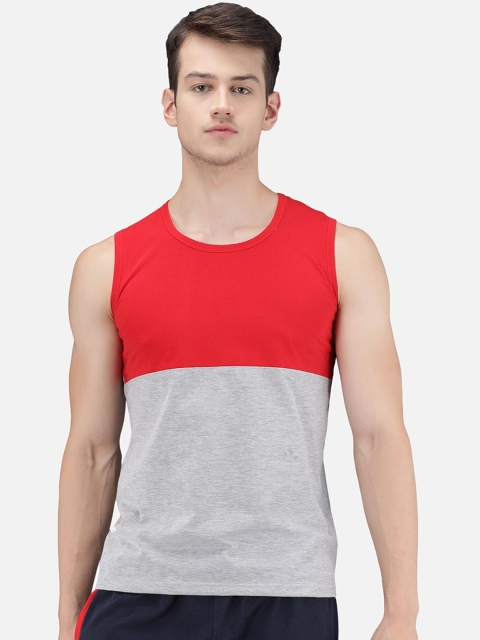 

PockMAN Men Red & Grey Colourblocked Cotton Vest
