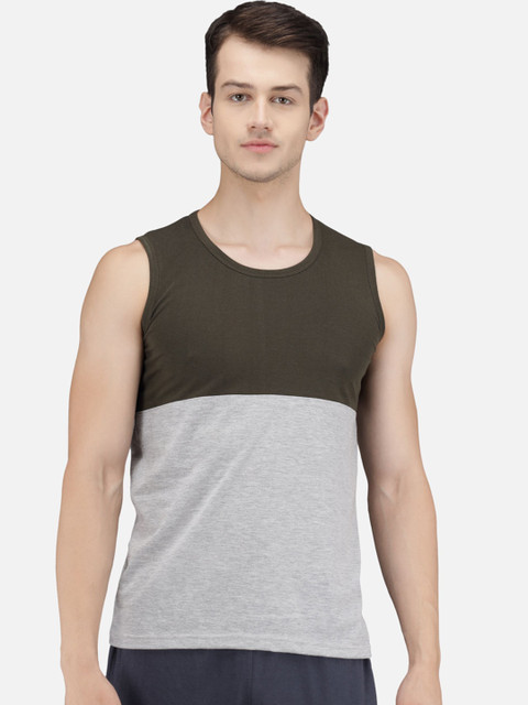 

PockMAN Men Olive Green & Grey Colourblocked Cotton Gym Vest
