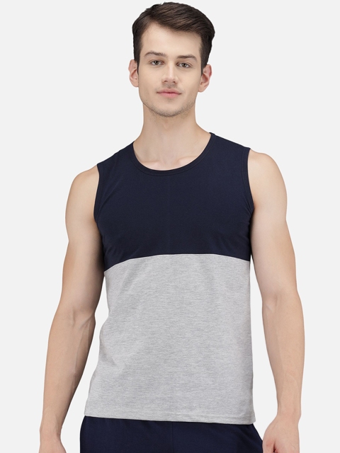 

PockMAN Men Colour Blocked Round neck Cotton Vest, Blue