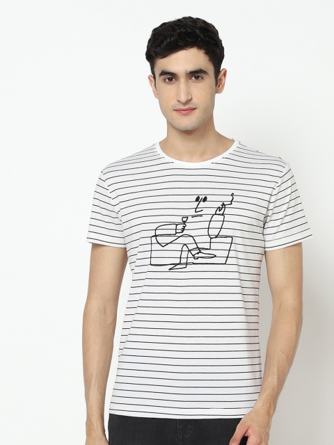 

VENITIAN Men White Striped Cotton Slim Fit T-shirt