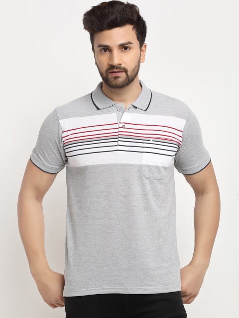 

VENITIAN Men Grey & White Striped Polo Collar Pockets Cotton T-shirt