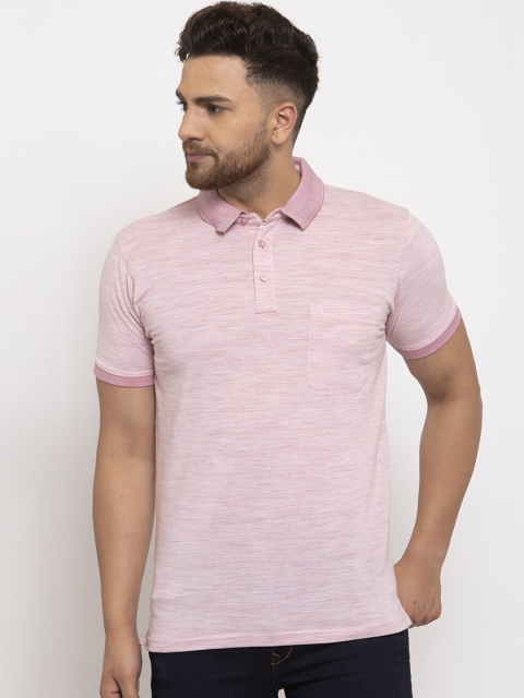 

VENITIAN Men Pink Striped Polo Collar Cotton T-shirt
