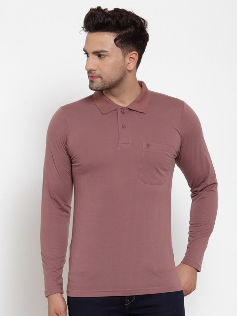 

VENITIAN Men Pink Polo Collar Pockets Cotton Slim Fit T-shirt